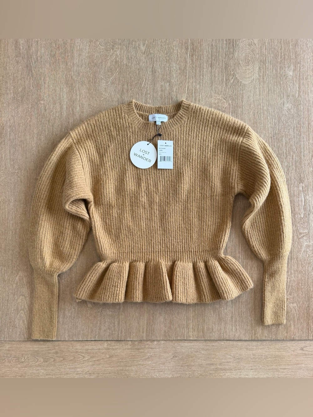 Lost + Wander After Hours Top XS/S Camel Ruffle Peplum Sweater NWT